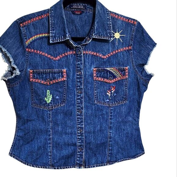 Tommy Jeans Vintage Top L/XL Denim Embroidered Western Boho Country Cowgirl - Picture 1 of 8